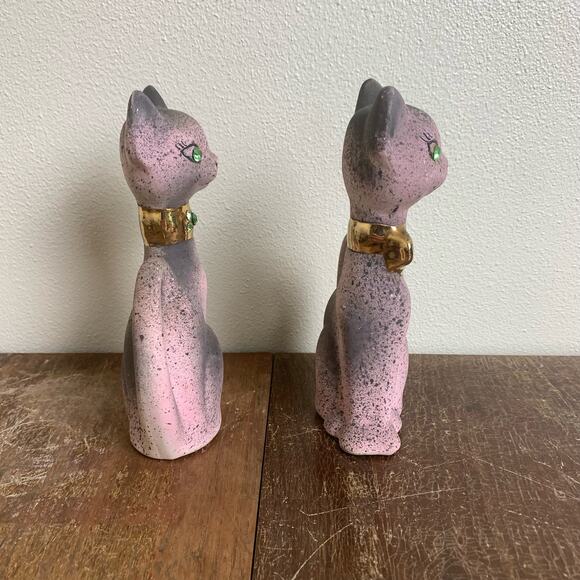 Pair (2) MCM Bisque Porcelain Pink‎ Siamese Cat Figurines Gold Rhinestones eyes - Picture 4 of 8